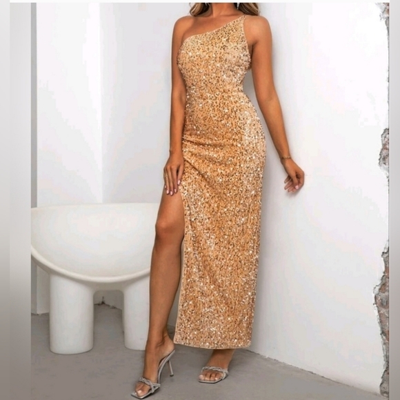 New Sequin Velvet One Shoulder Dress Maxi Long Dress Gold - Picture 6 of 8